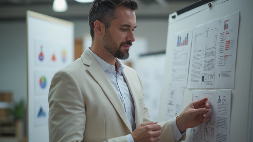 Менеджер по развитию бренда анализирует стратегию позиционирования на доске с визуальными элементами