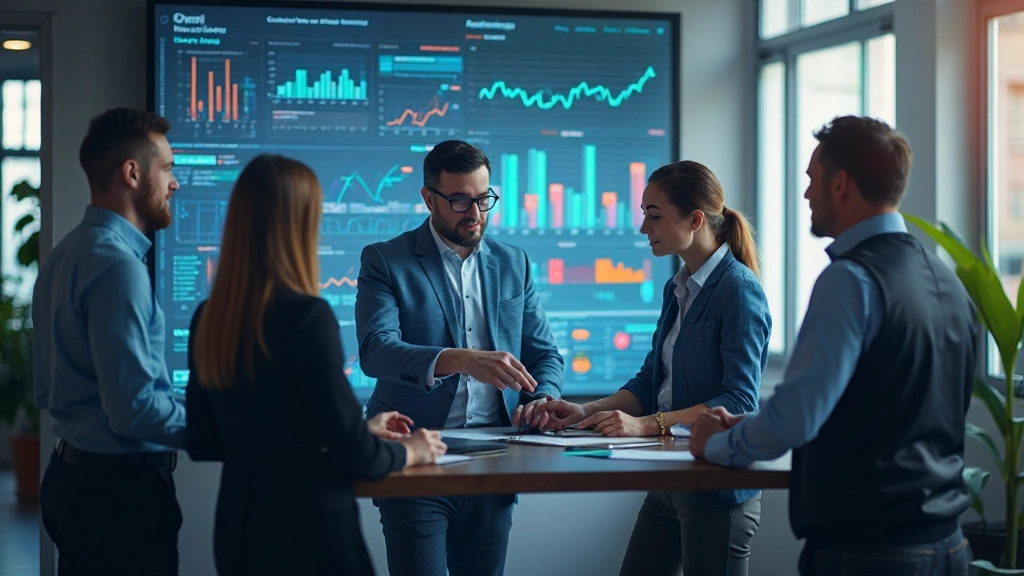 Современный офис с маркетинговыми инструментами и аналитикой на экранах