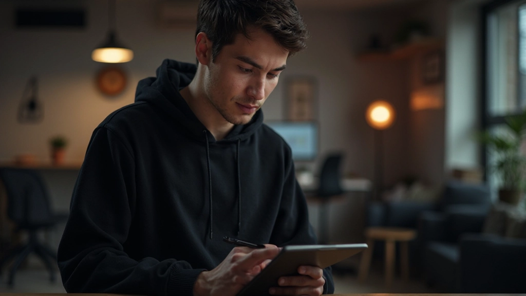 Специалист по социальным сетям создает контент на планшете в креативном офисе