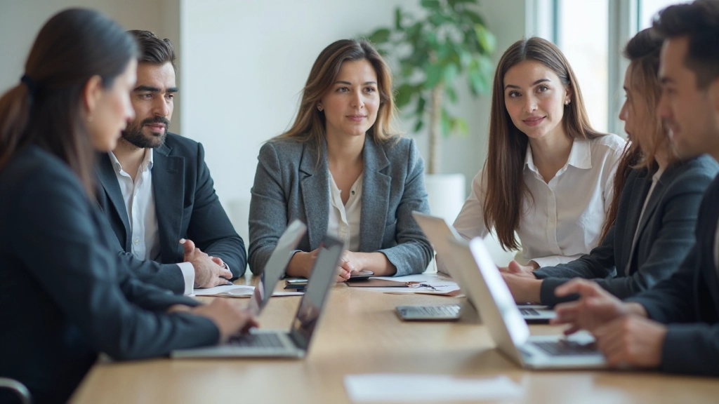 Команда маркетологов обсуждает цифровую стратегию на встрече в конференц-зале современного офиса