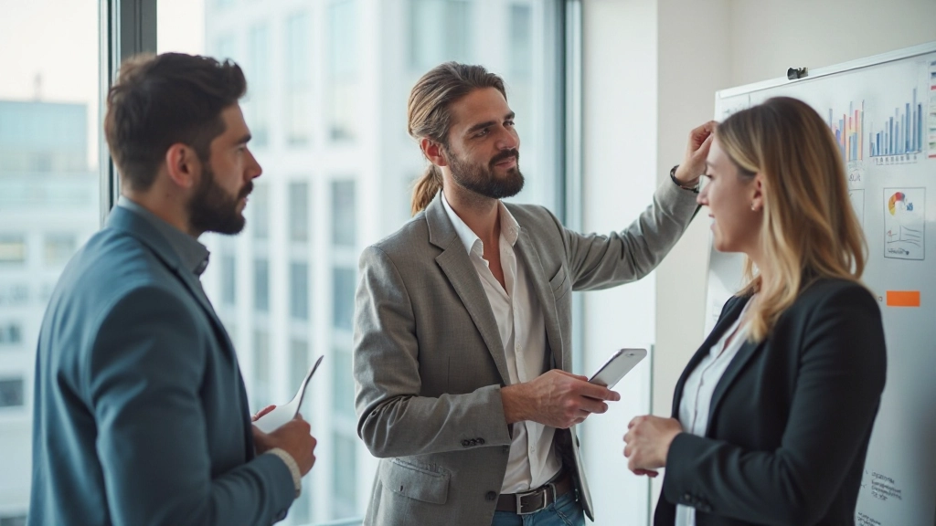 Команда маркетологов обсуждает концепцию бренда вокруг доски с идеями