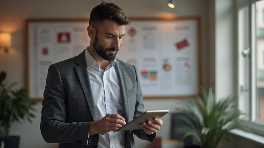 Менеджер по брендированию разрабатывает стратегию позиционирования с использованием визуальных элементов на планшете