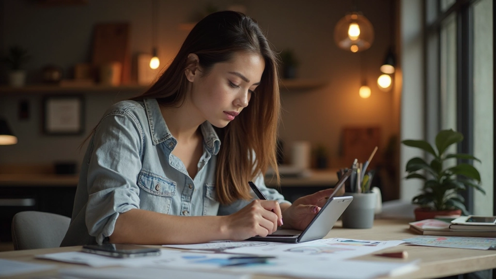 Креативный процесс: дизайнер работает над визуализацией контента на мощном компьютере с графическим планшетом